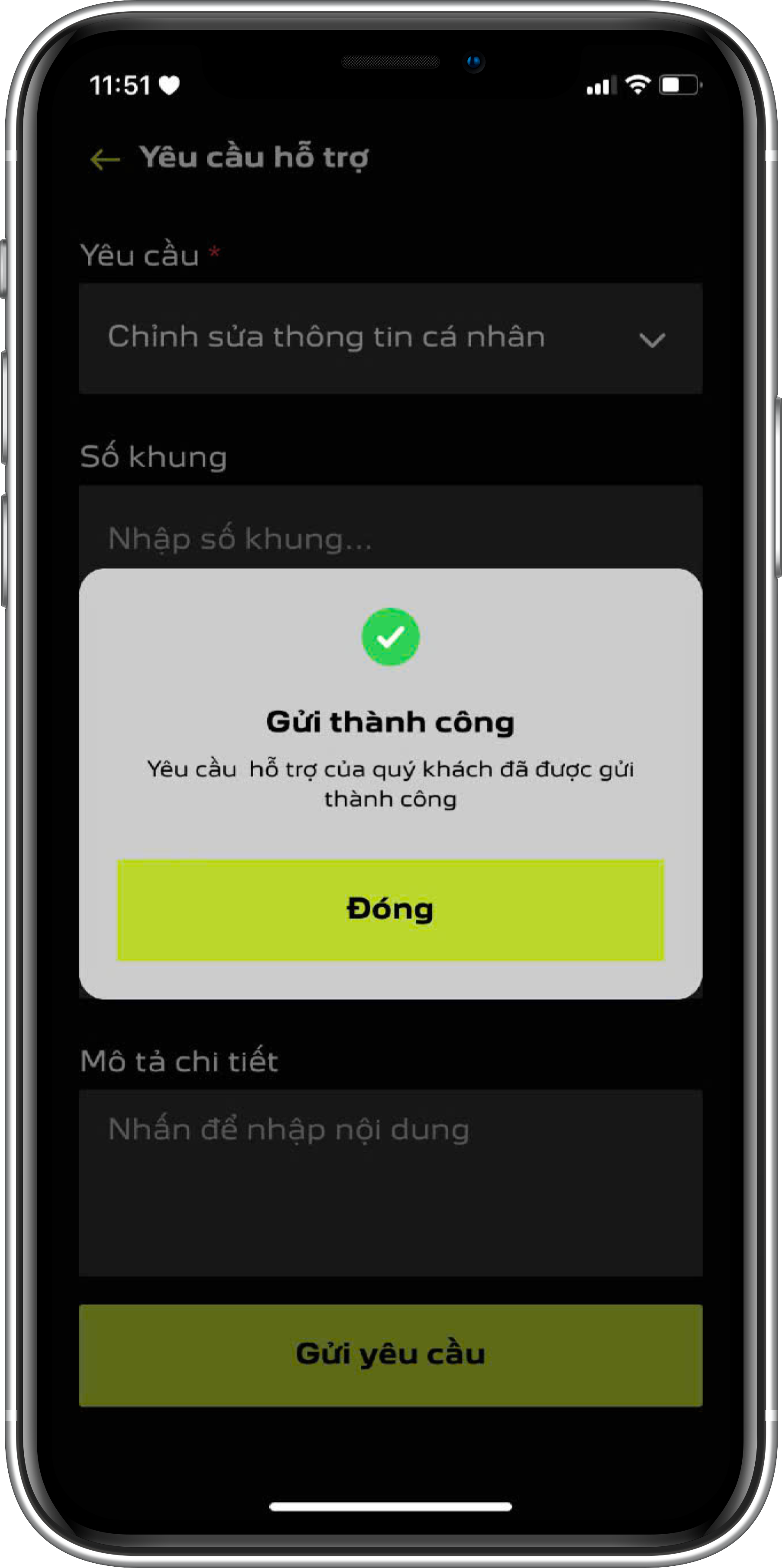 Gửi yêu cầu hỗ trợ thành công