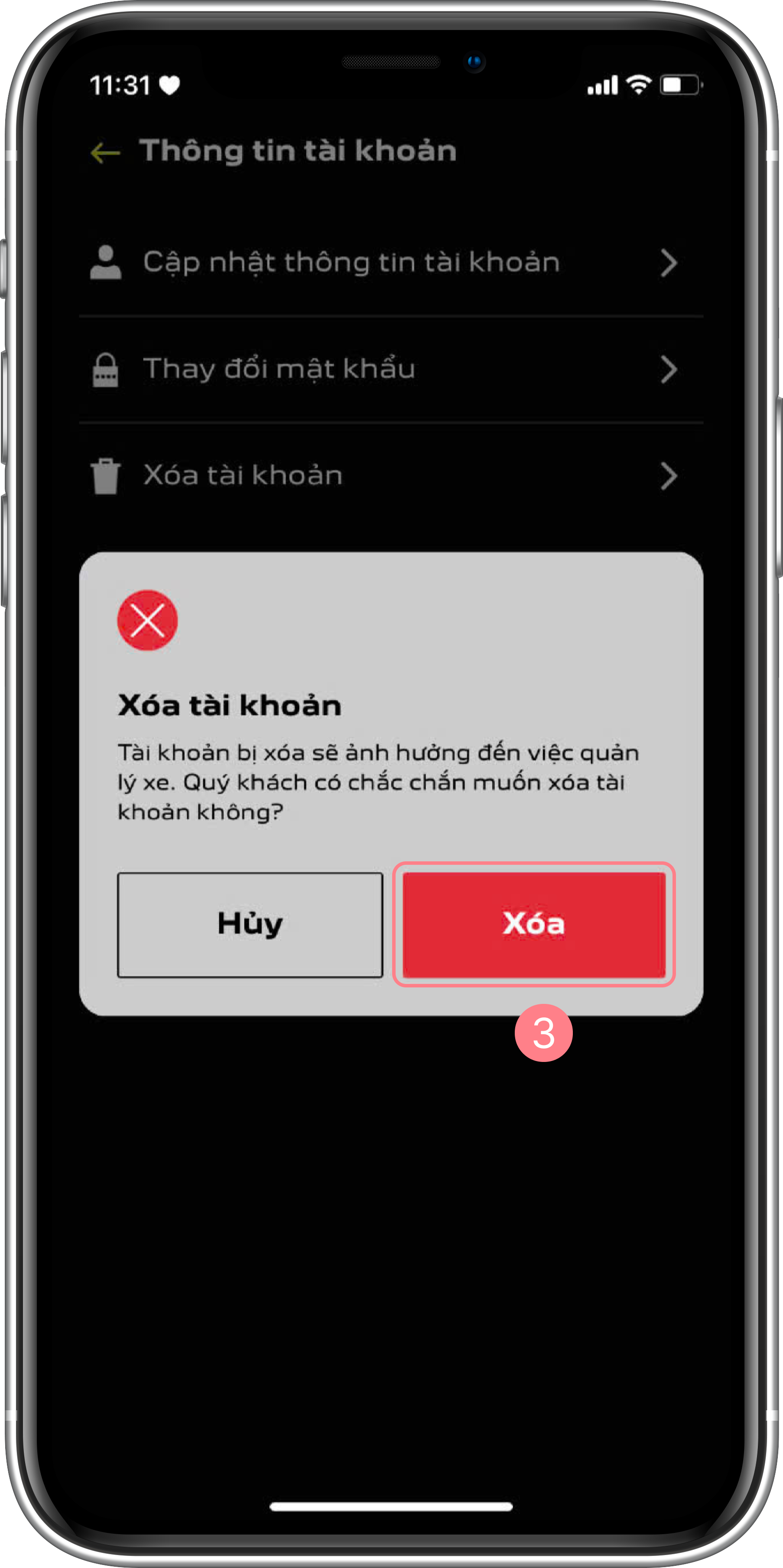 Popup xác nhận xóa tài khoản