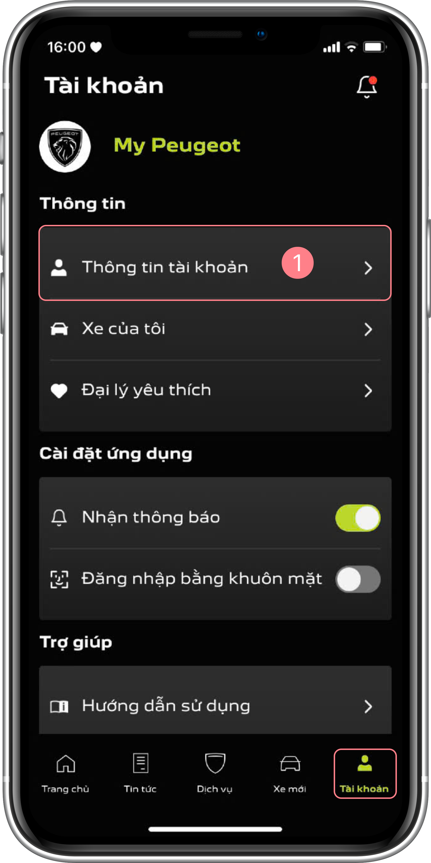Tài khoản - Chọn Thông tin tài khoản