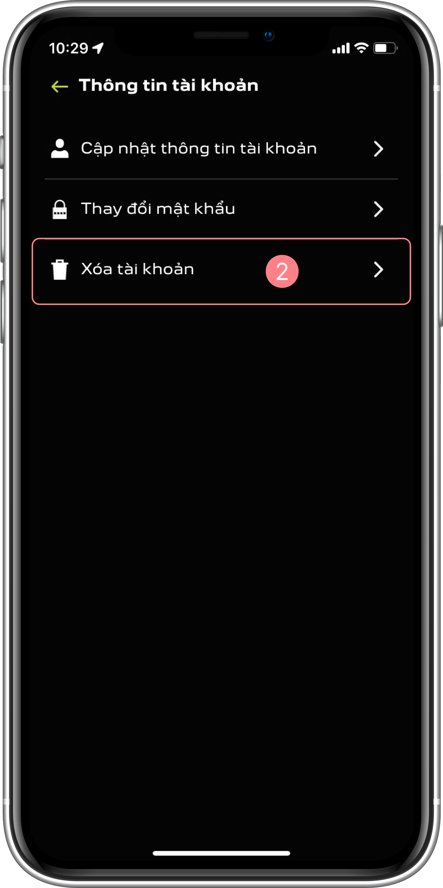 Thông tin tài khoản - Chọn Xóa tài khoản
