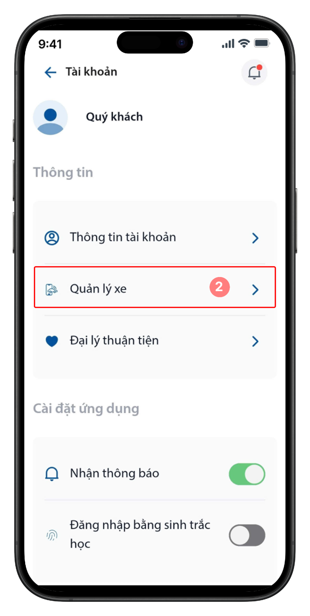 Cách 2: Chọn Tài khoản > Quản lý xe