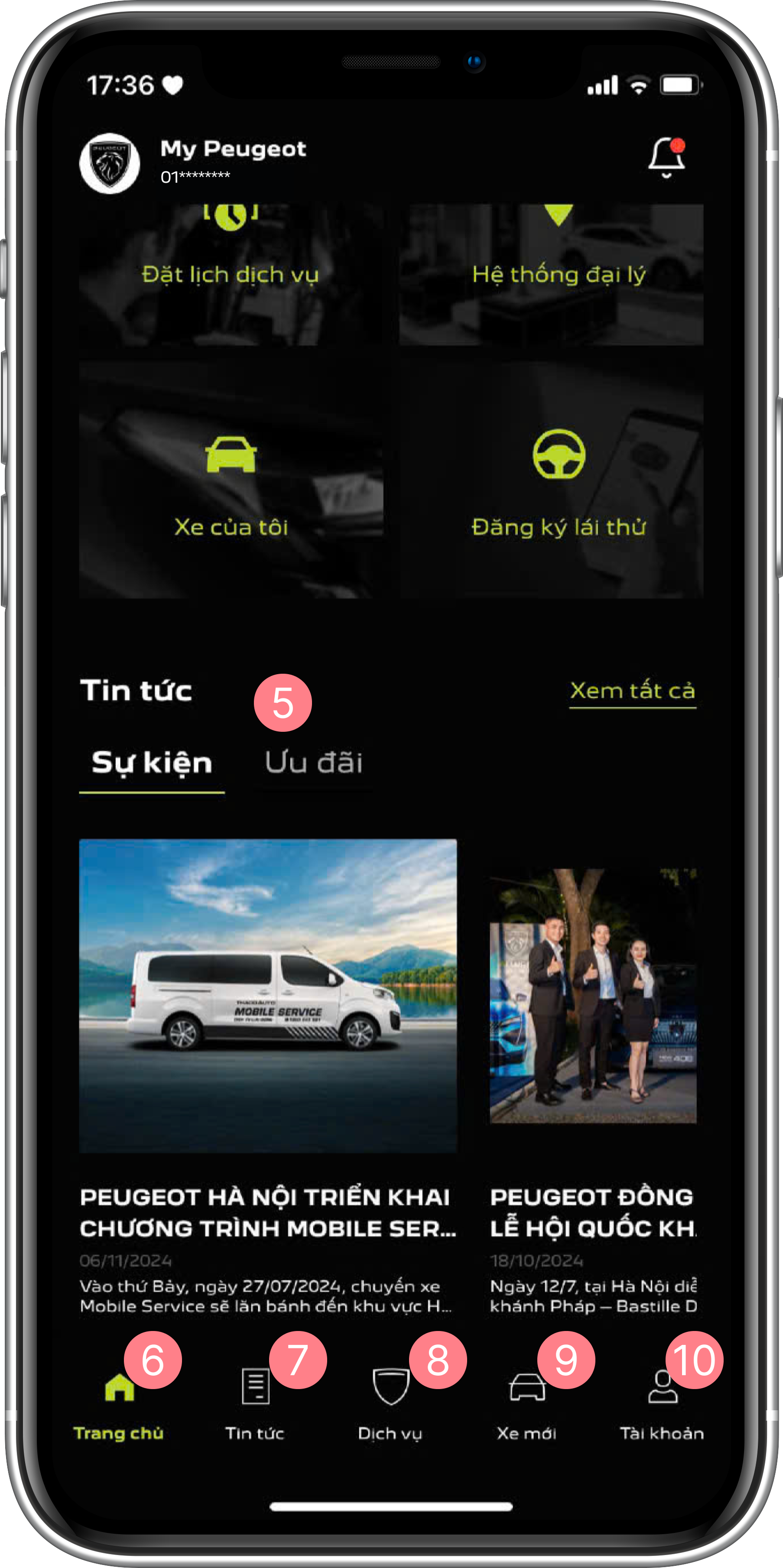 Màn hình trang chủ - Phần dưới