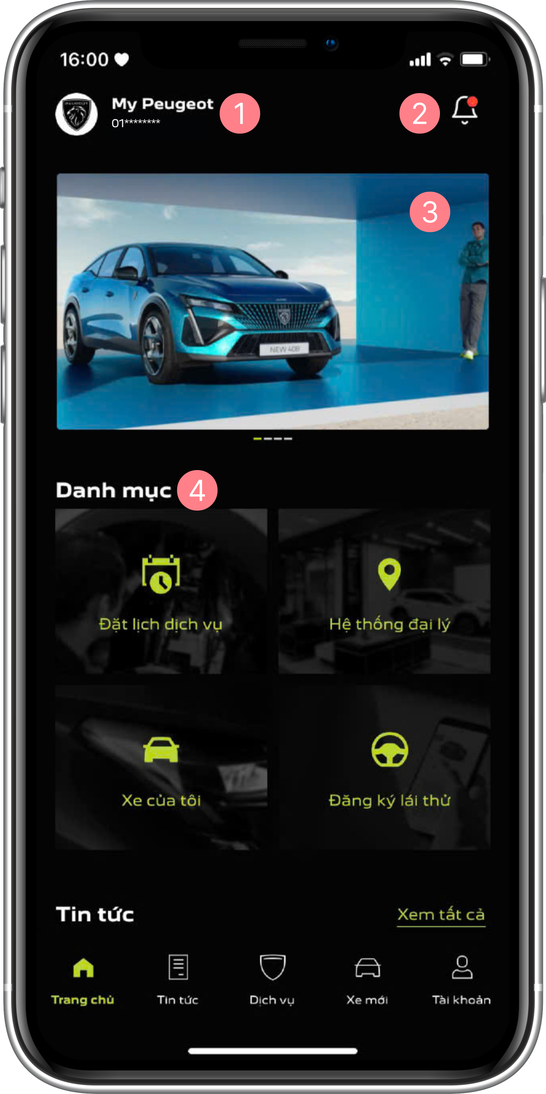 Màn hình trang chủ - Phần trên