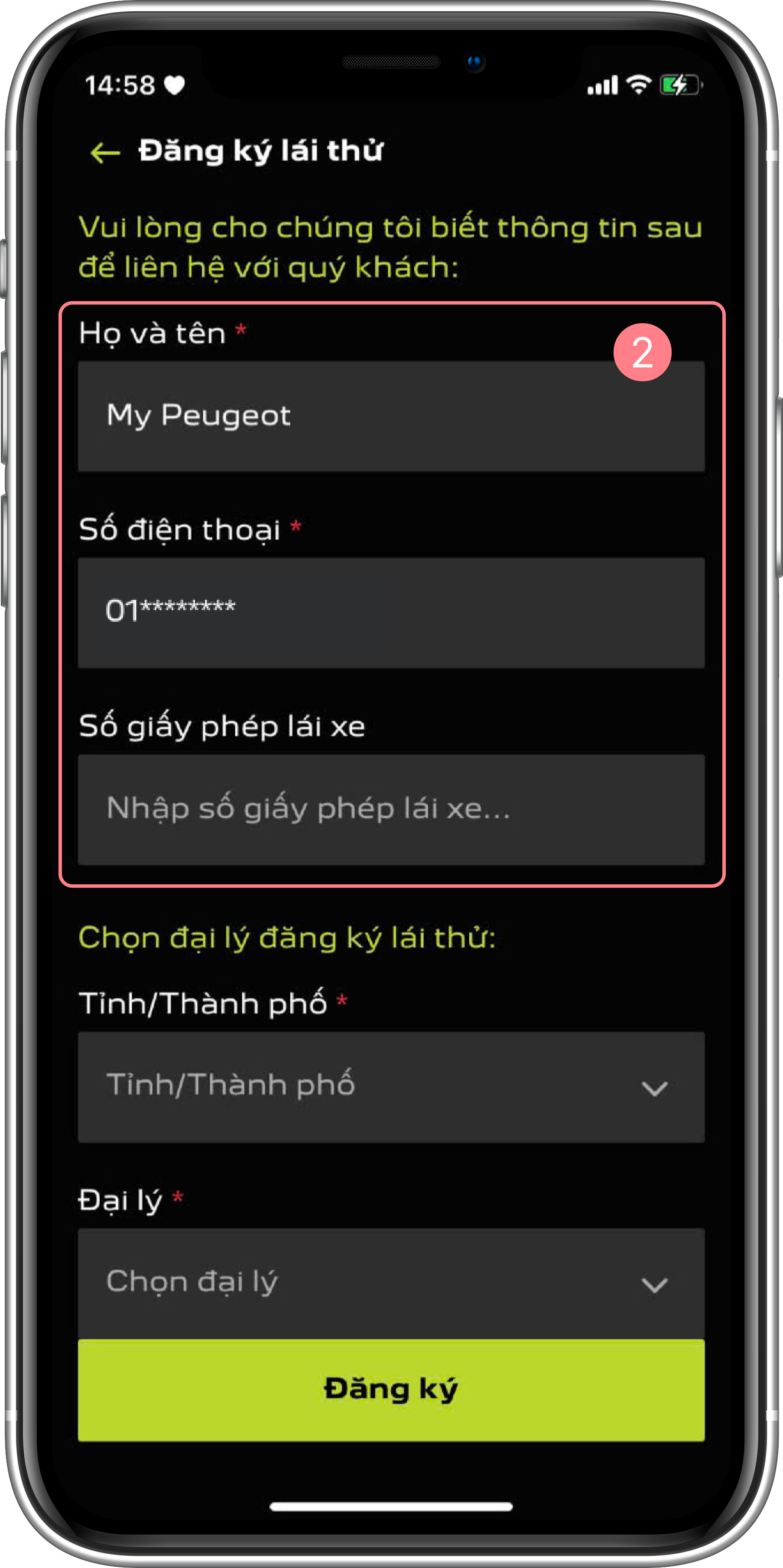 Form đăng ký lái thử - Thông tin người đăng ký