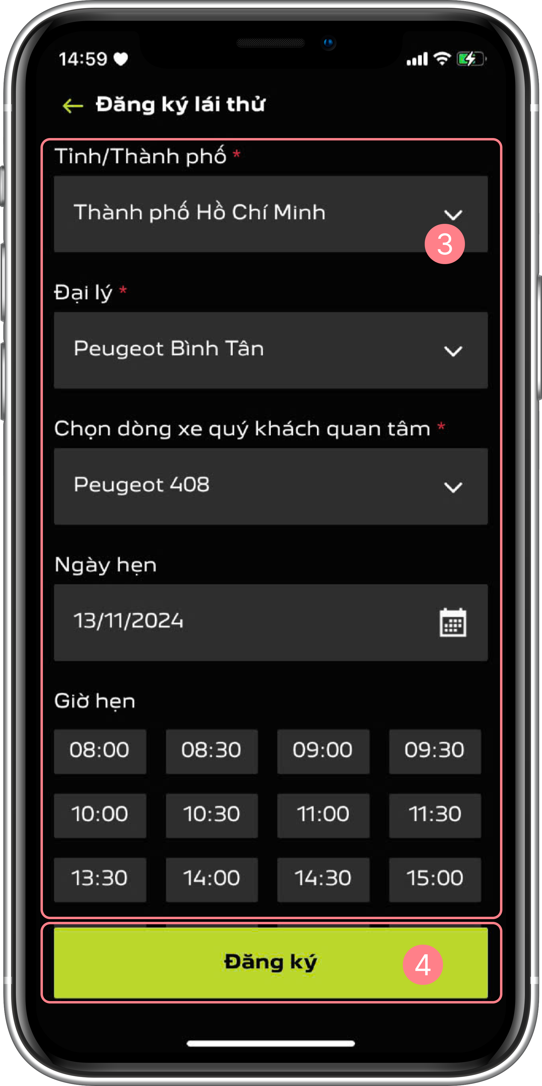 Form đăng ký lái thử - Chọn đại lý, xe, ngày giờ