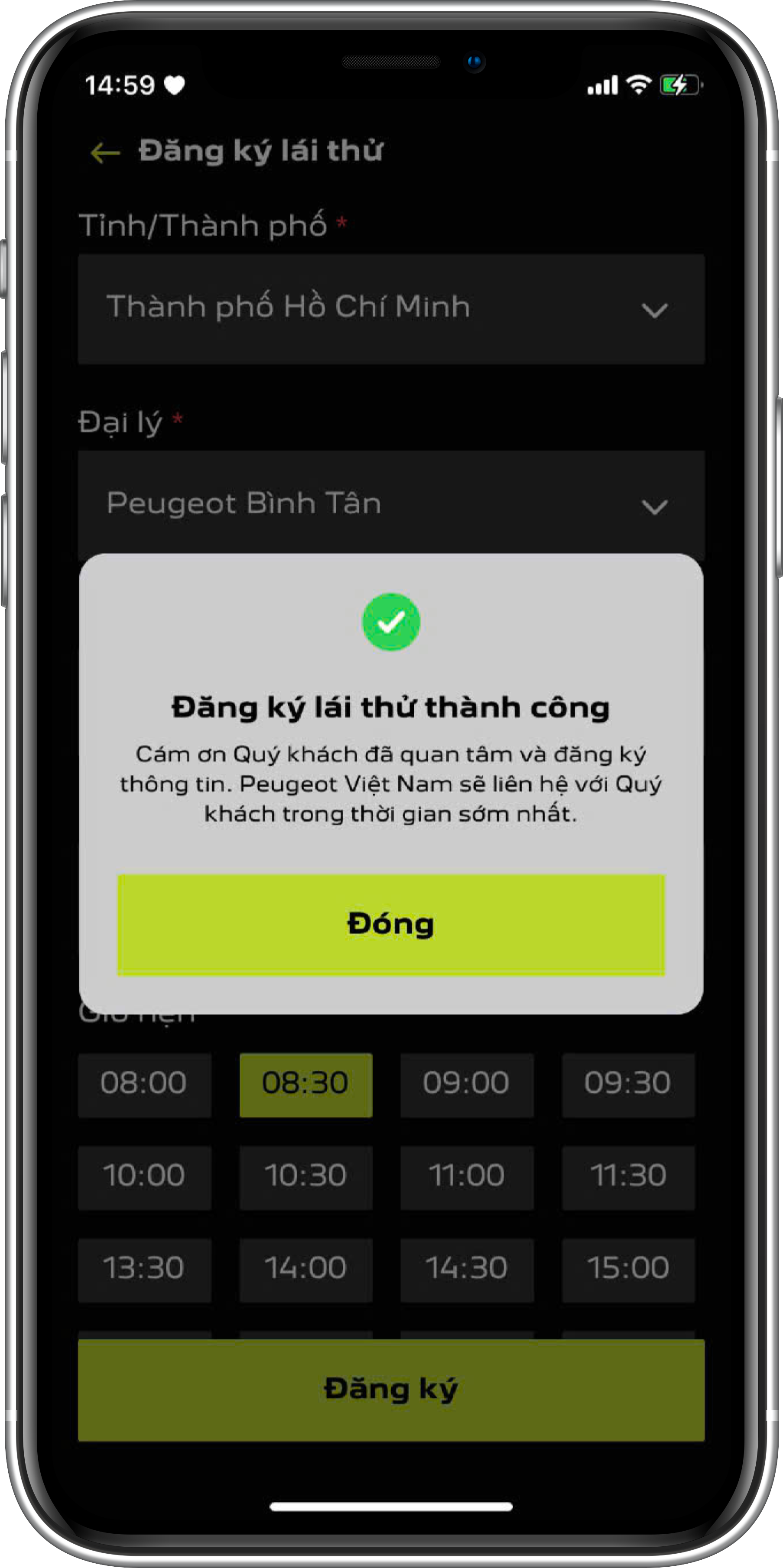 Thông báo đăng ký lái thử thành công