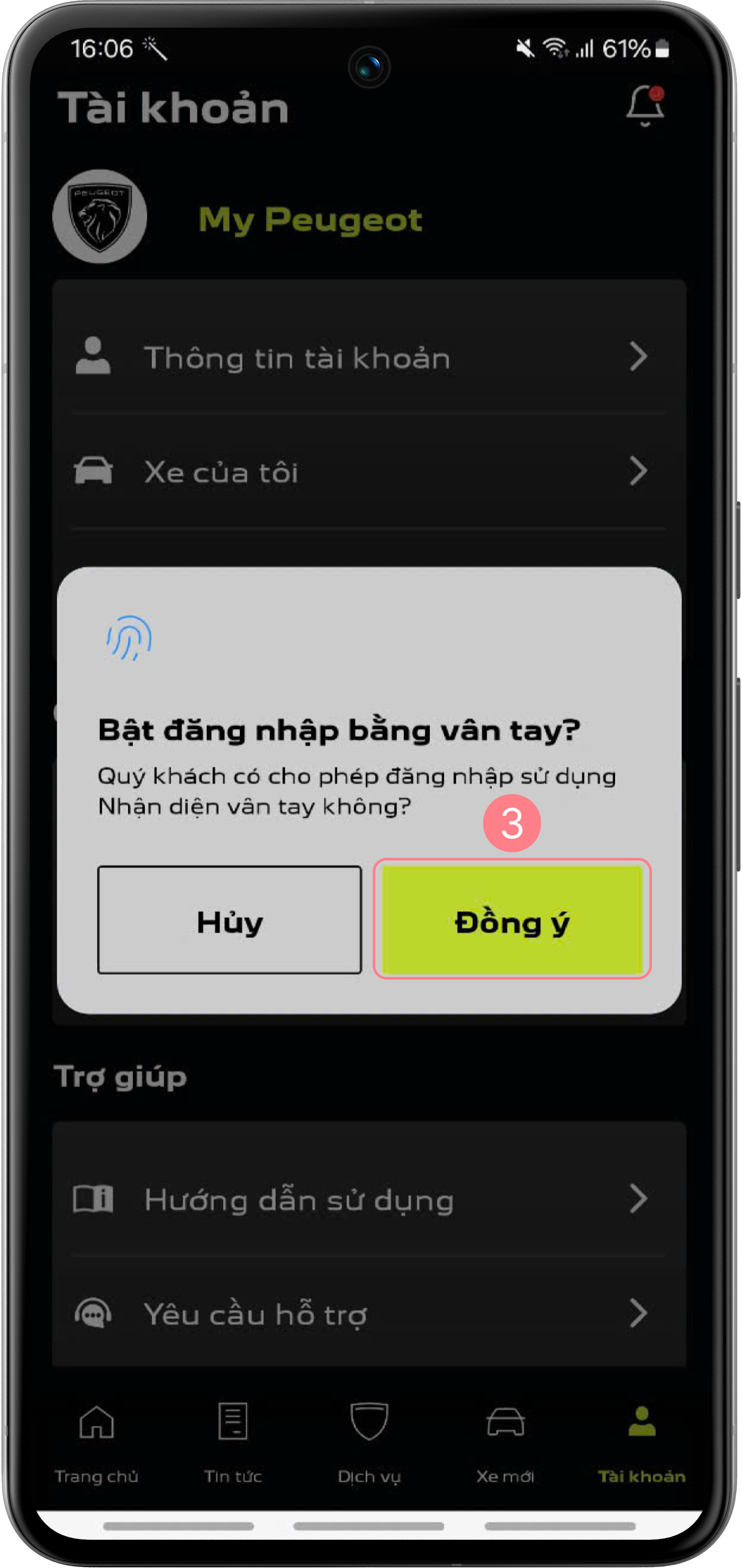 Popup xác nhận đăng nhập bằng vân tay