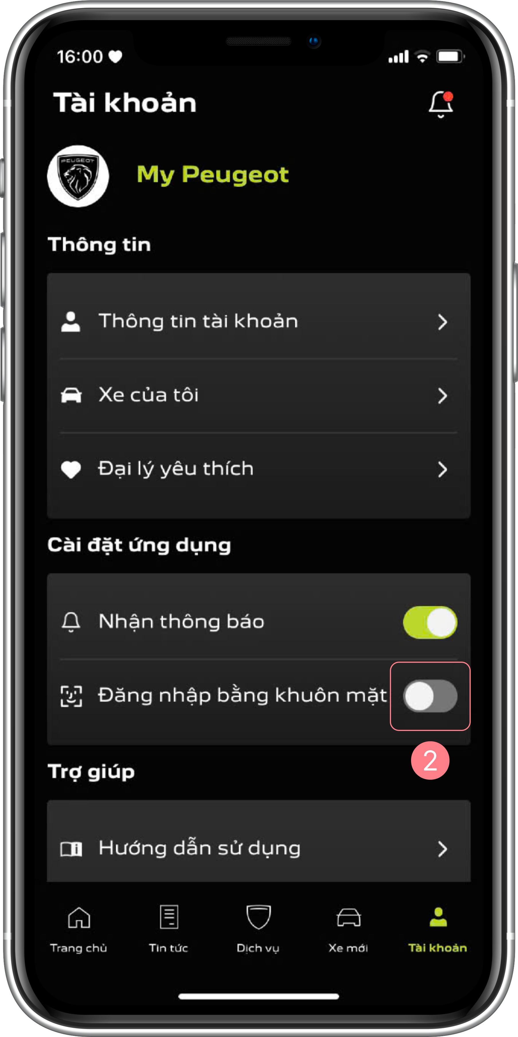 Tài khoản - Bật đăng nhập bằng khuôn mặt