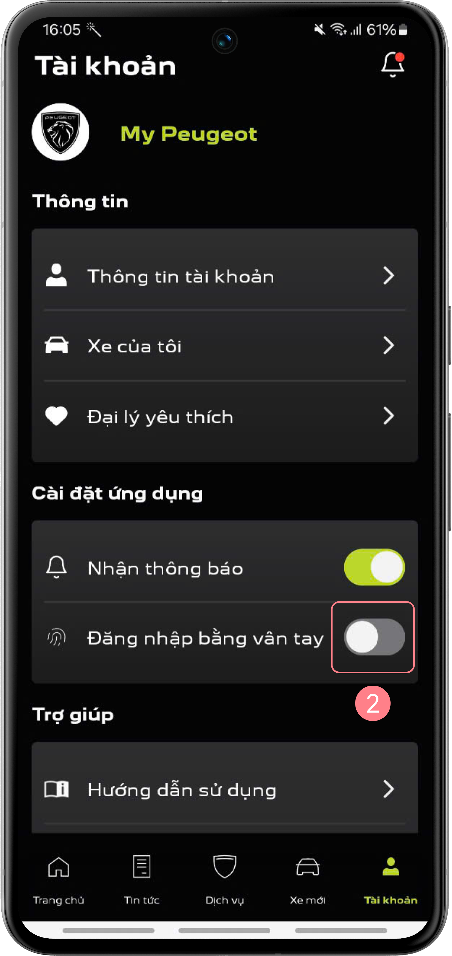 Tài khoản - Bật đăng nhập bằng vân tay