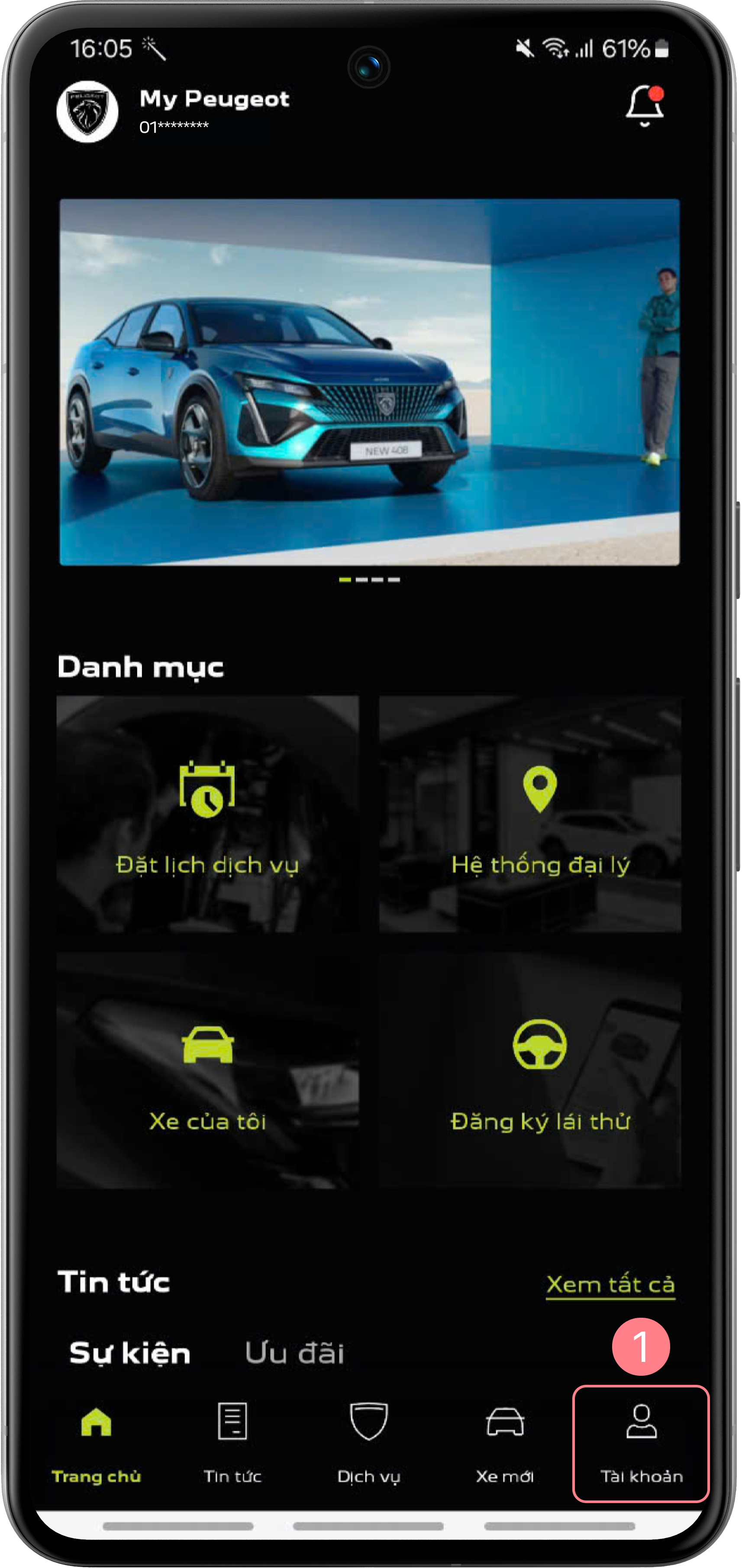 Trang chủ - Chọn menu Tài khoản