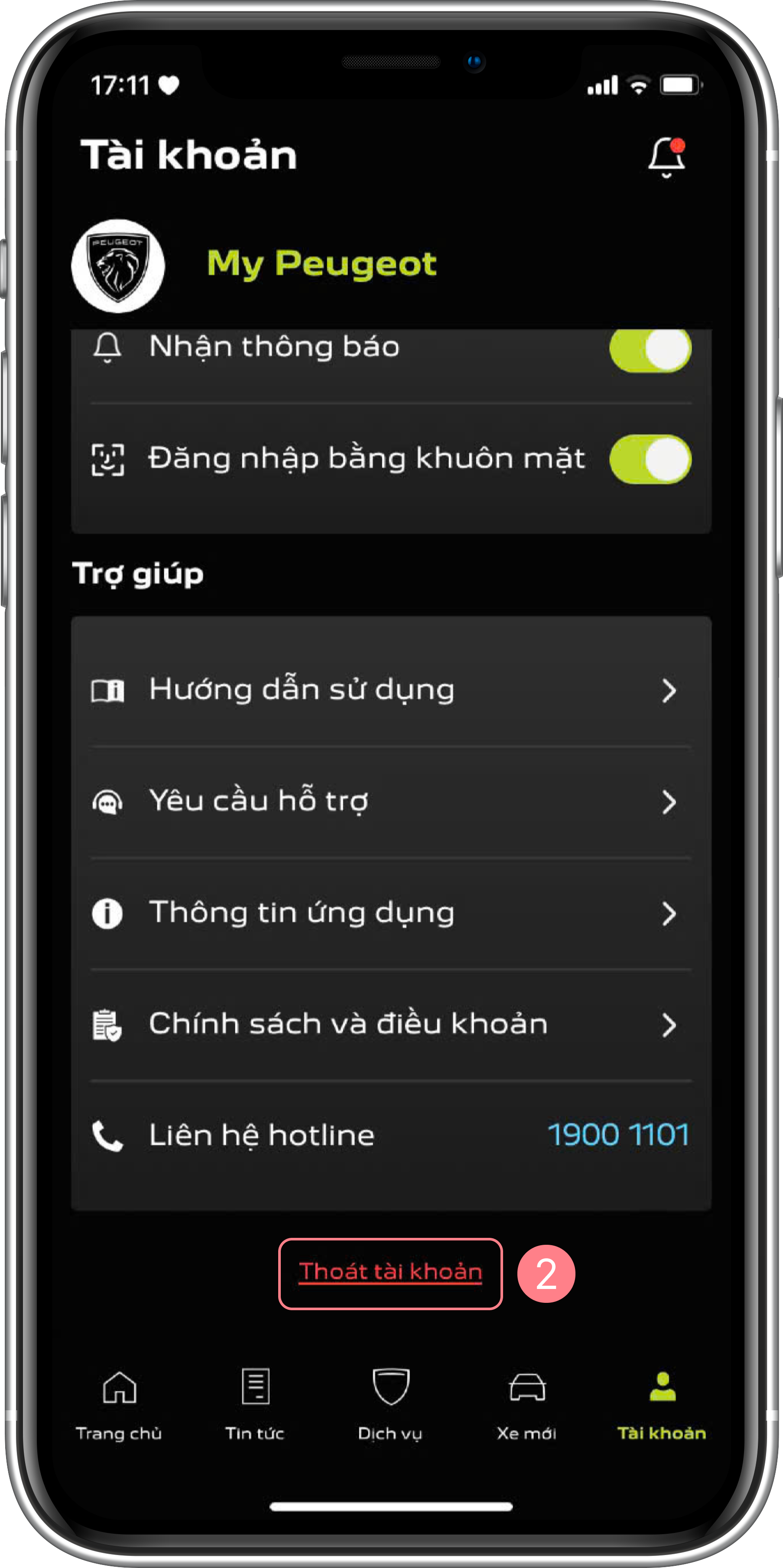 Tài khoản - Chọn Thoát tài khoản