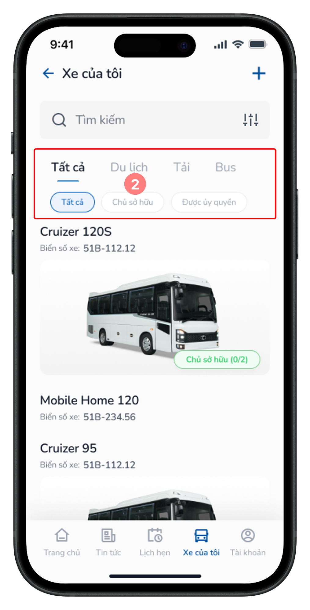 Bộ lọc để tìm các xe có trạng thái