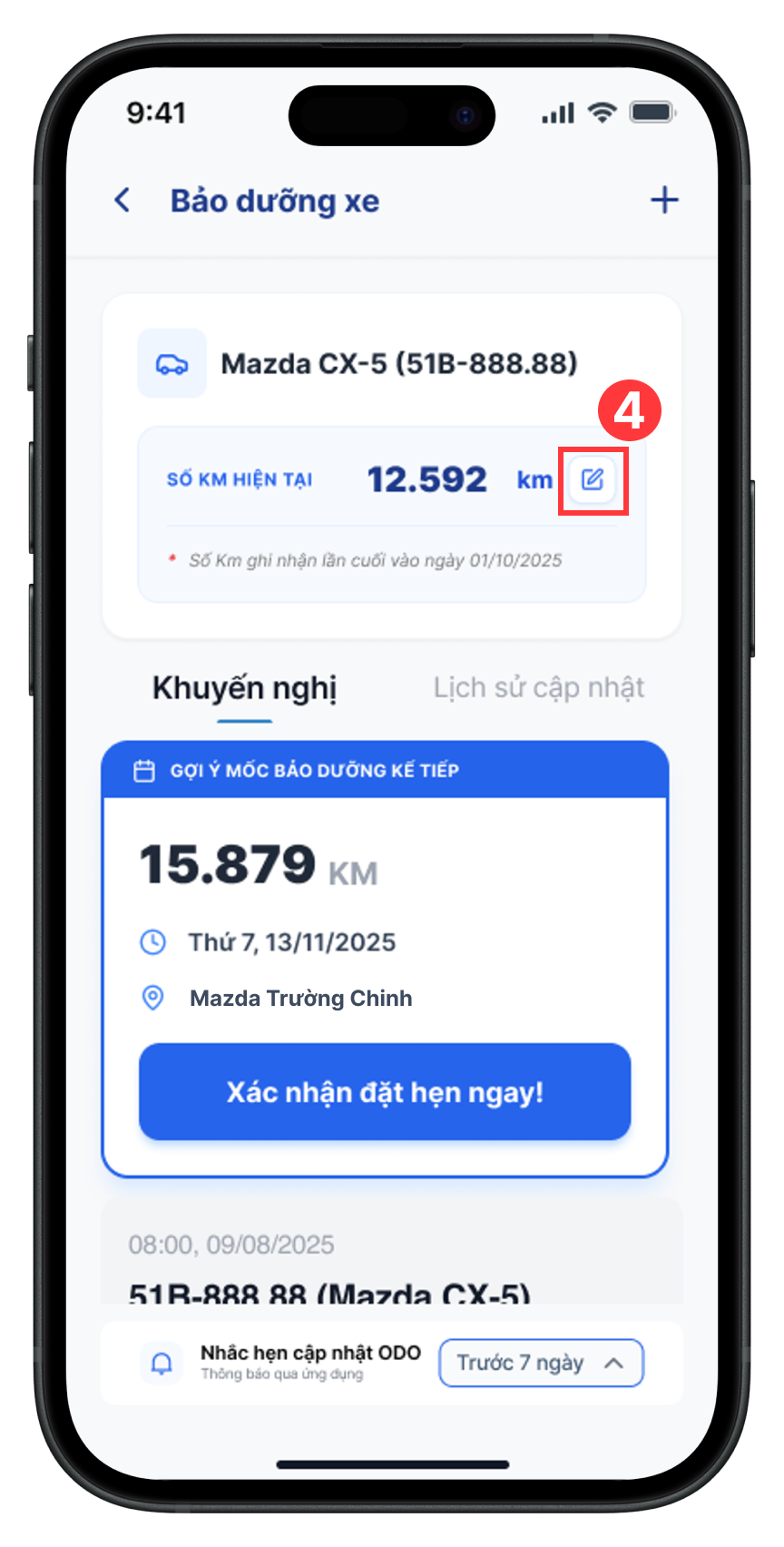 Biểu tượng edit tại màn hình bảo dưỡng xe