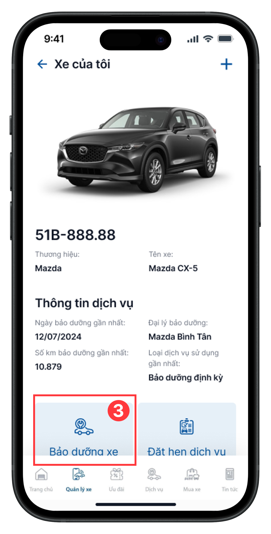 Màn hình chi tiết chọn bảo dưỡng xe