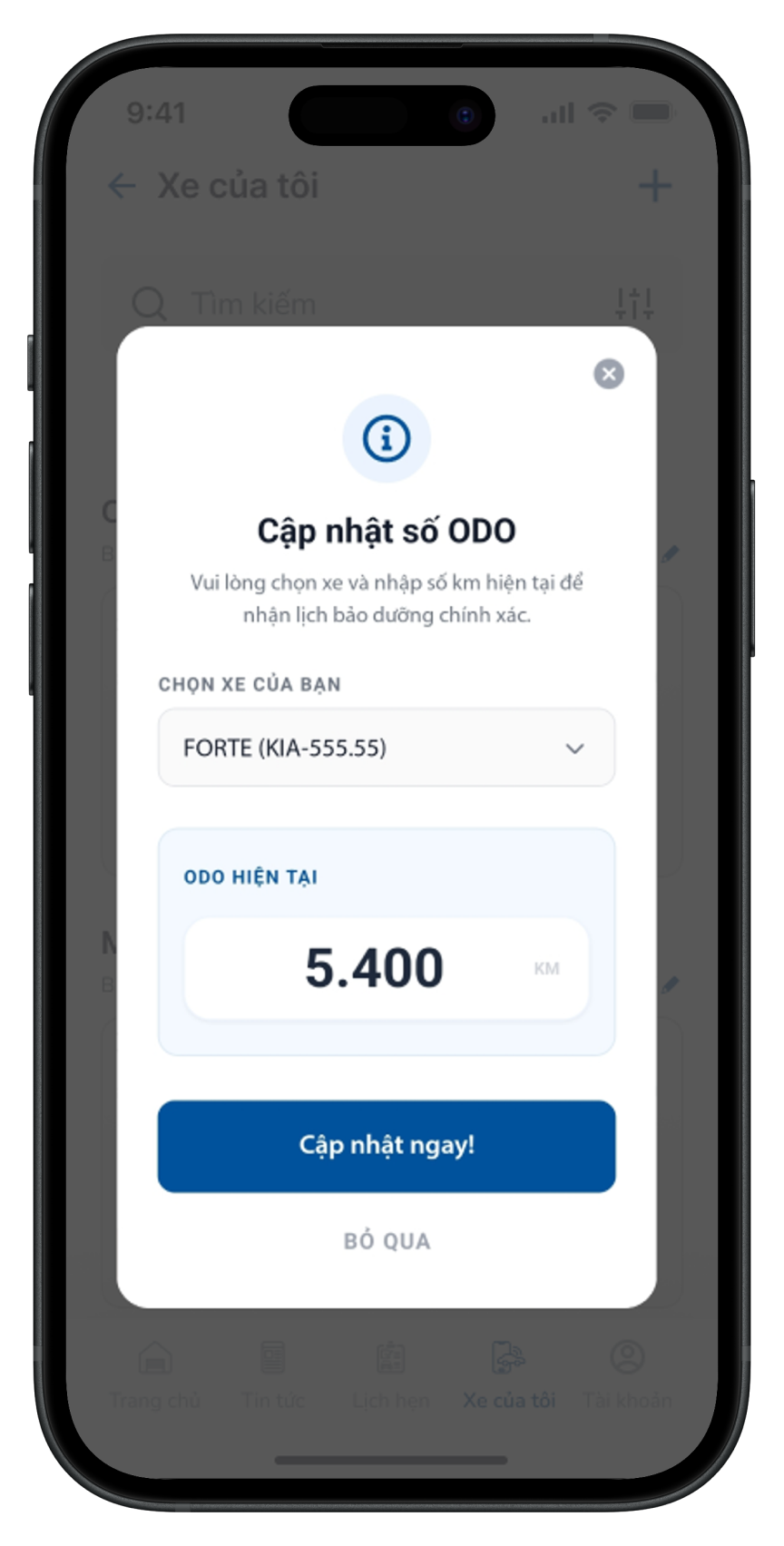 Popup cập nhật số km hiện tại