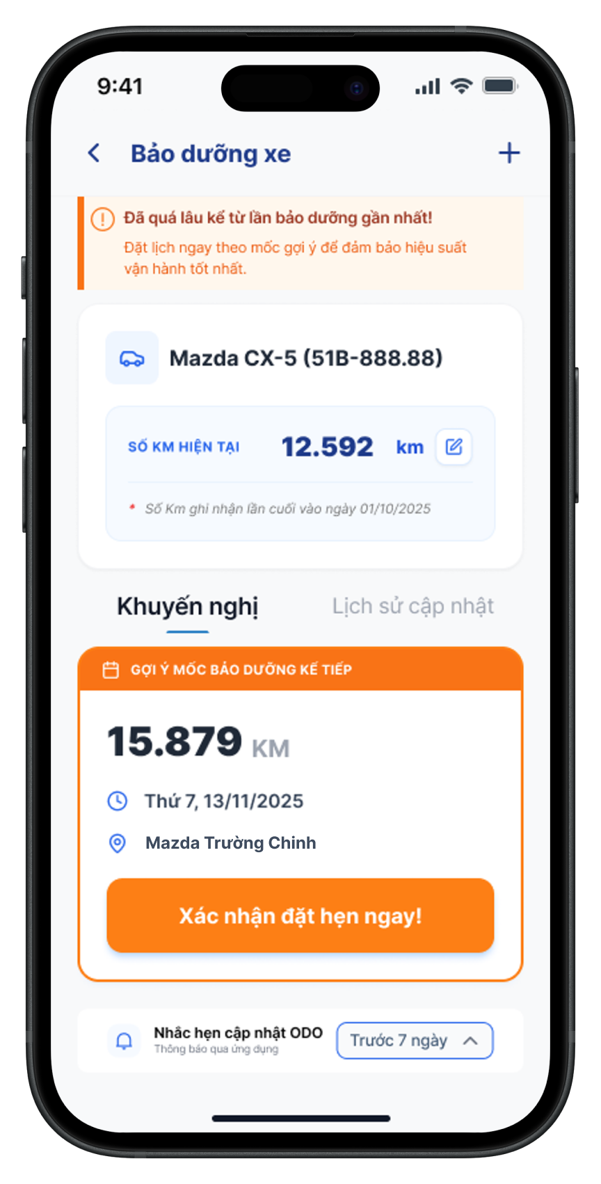 Trạng thái cảnh báo cho xe lâu không cập nhật lịch sử bảo dưỡng
