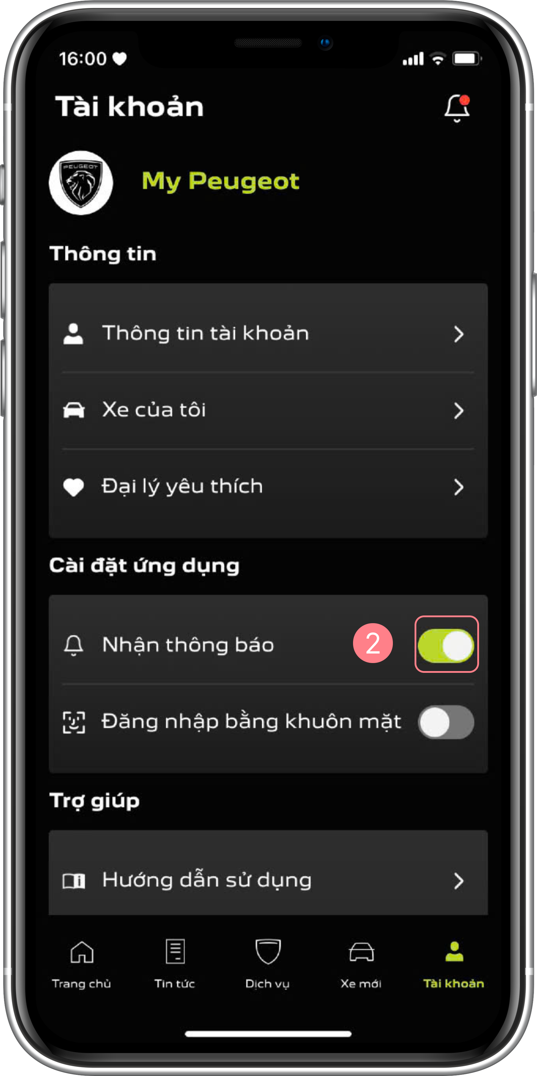 Tài khoản - Bật tắt thông báo
