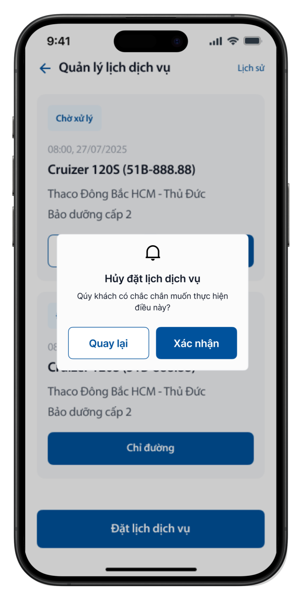 Chọn Xác nhận để hủy lịch hẹn