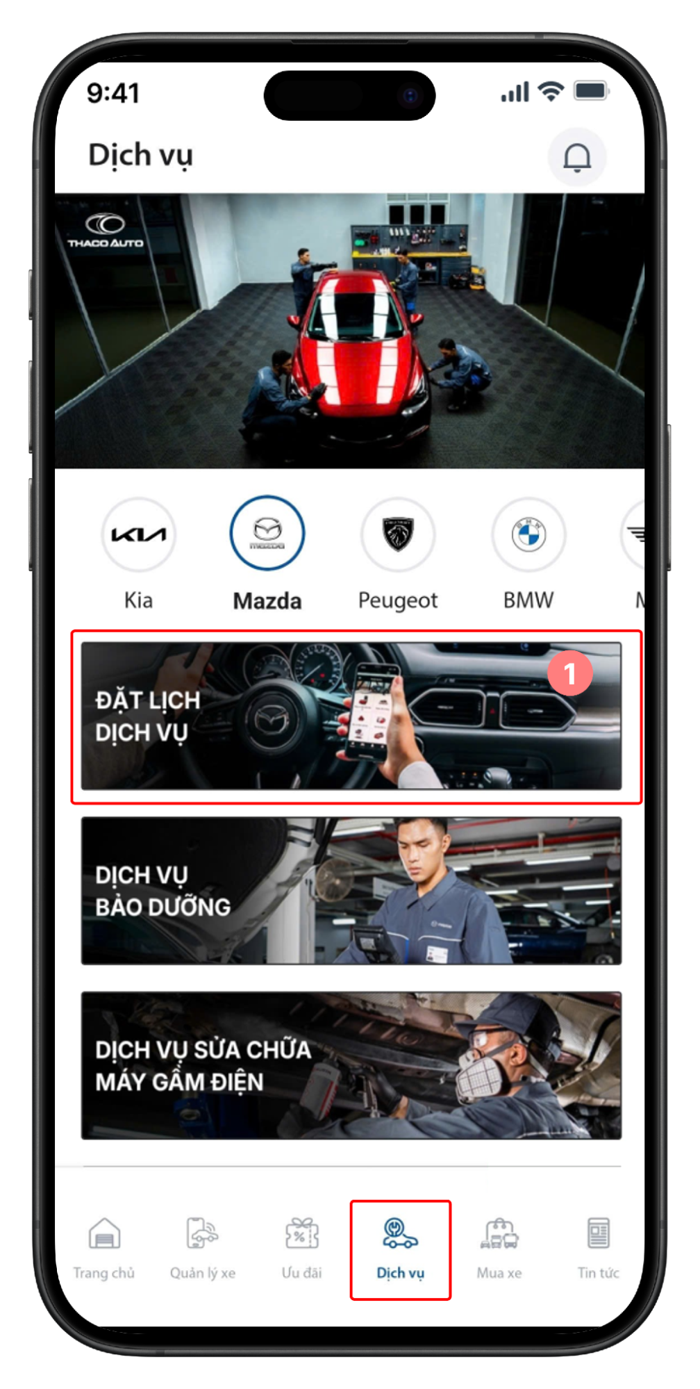 Truy cập phần Đặt lịch dịch vụ tại menu Dịch vụ