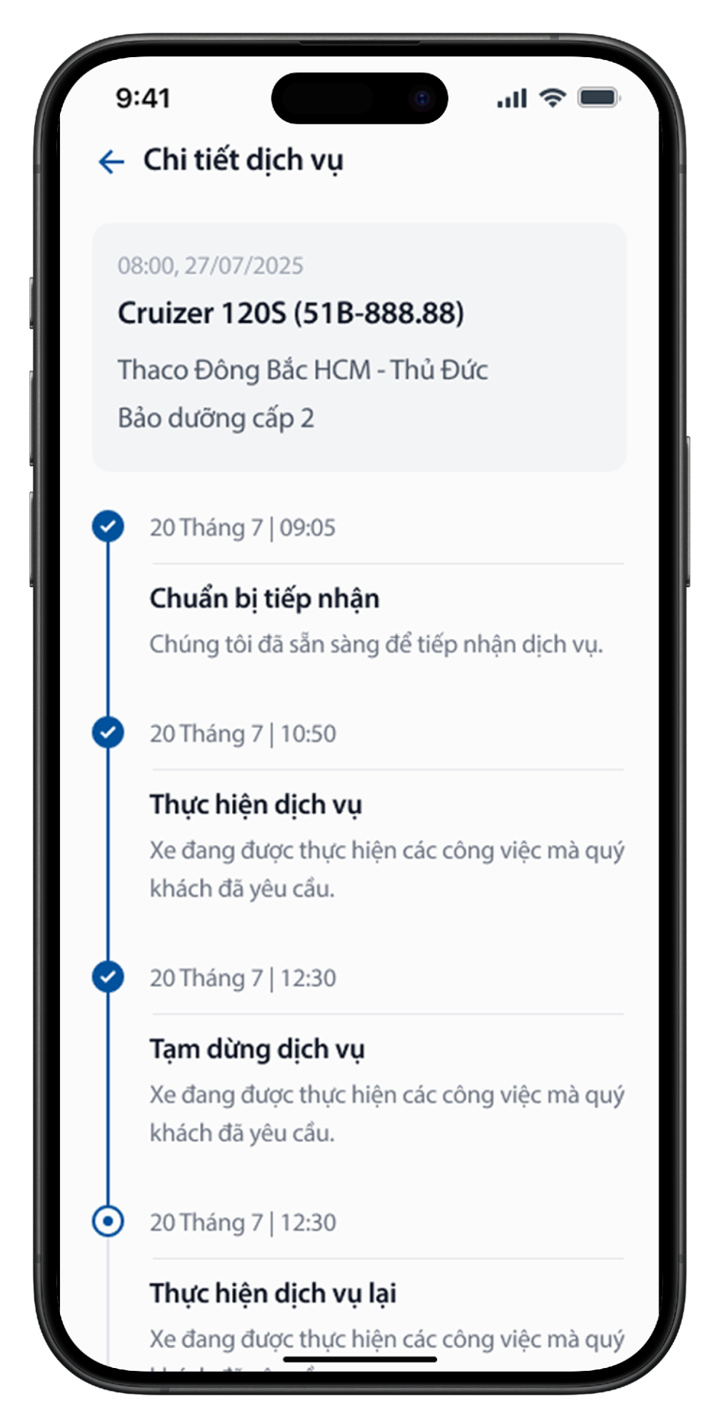 Theo dõi trạng thái dịch vụ của xe