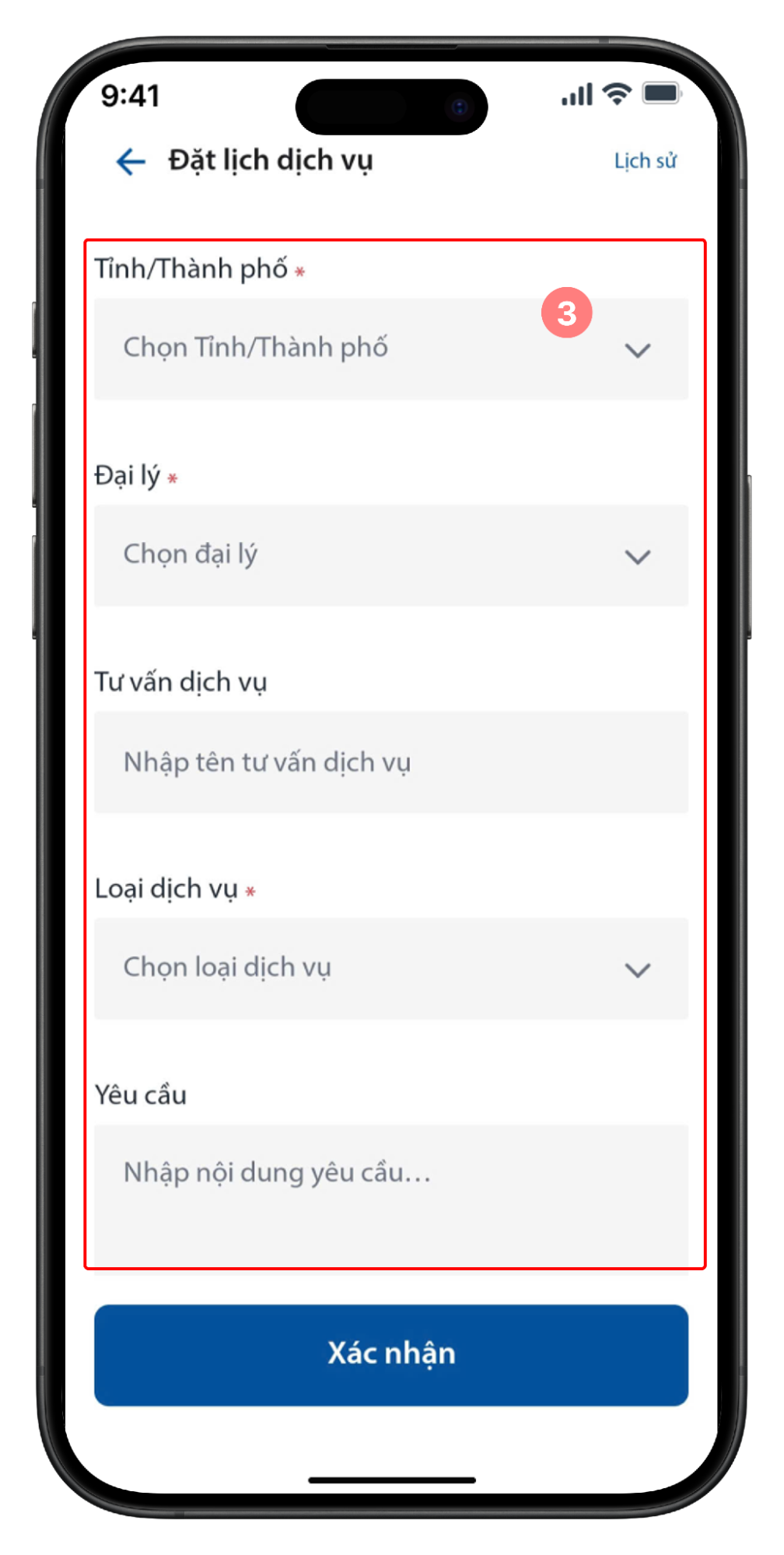 Chọn Đại lý, nhập tên Tư vấn dịch vụ, loại dịch vụ và nhập nội dung yêu cầu