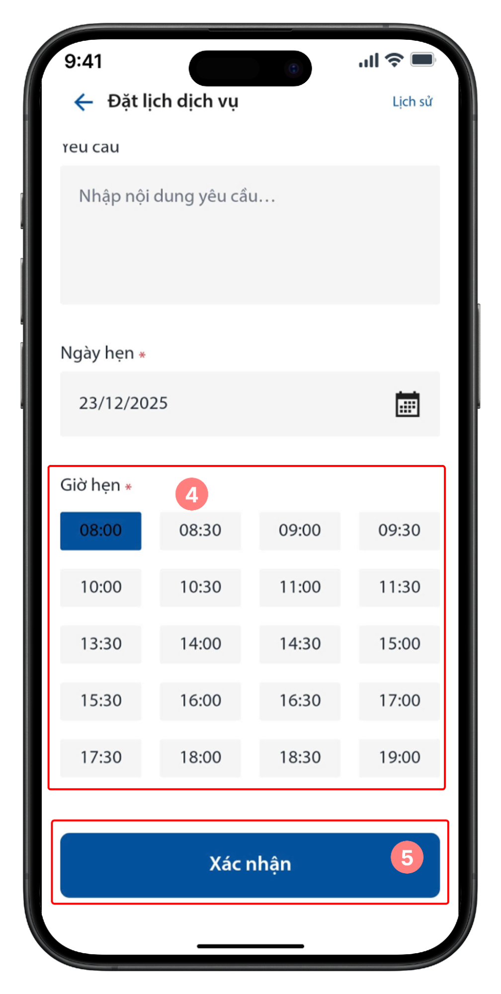 Chọn ngày và thời gian hẹn