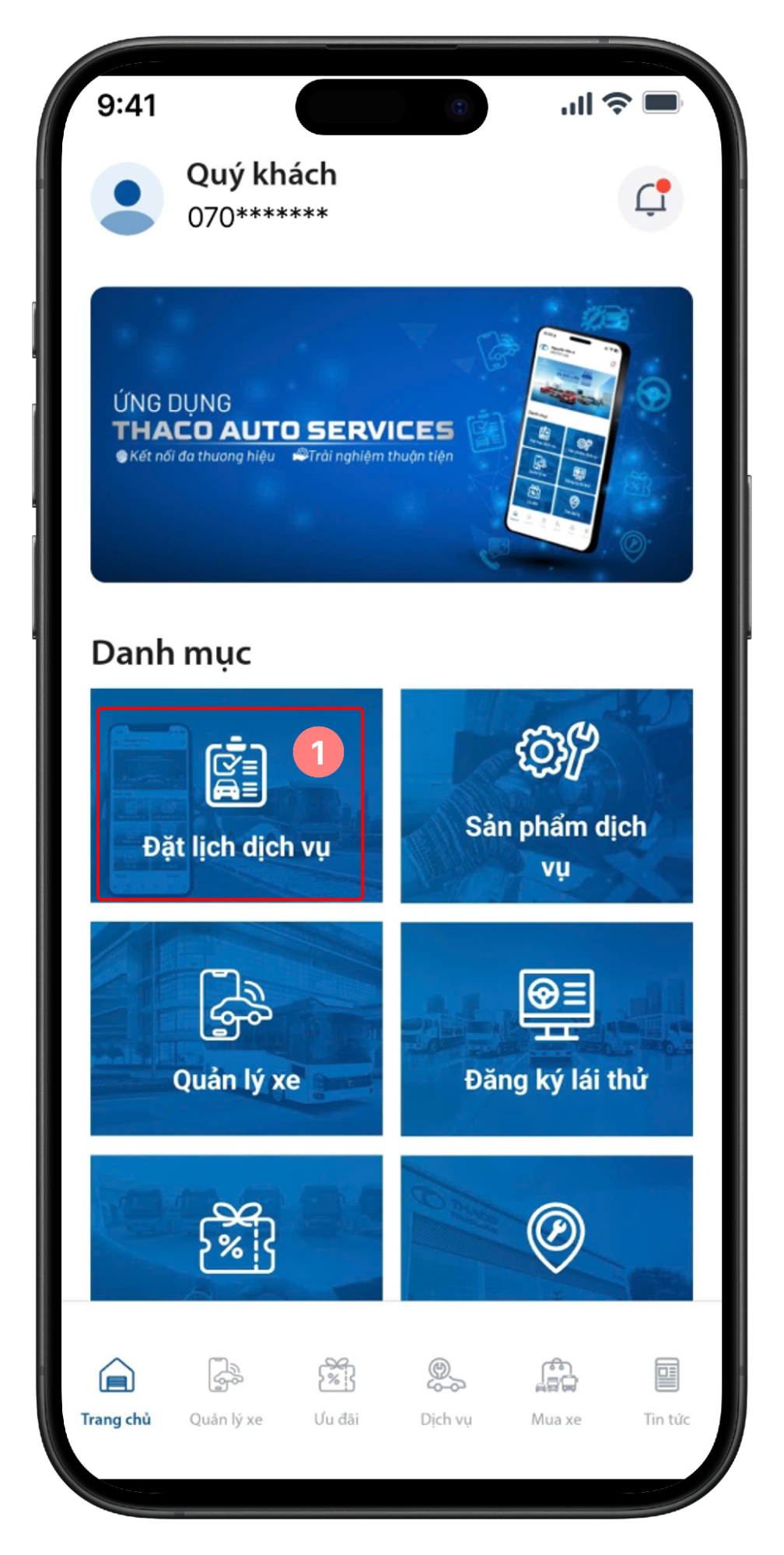 Tại Trang chủ chọn Đặt lịch dịch vụ